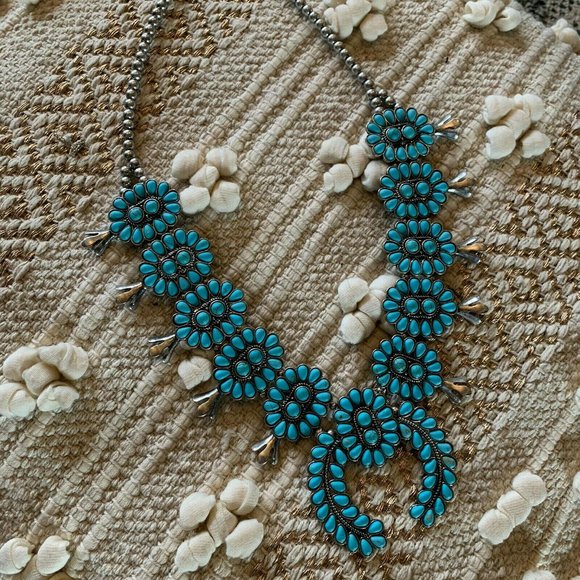 New Full Squash Blossom Natural Turquoise Stone Silver Western Necklace - Picture 4 of 6